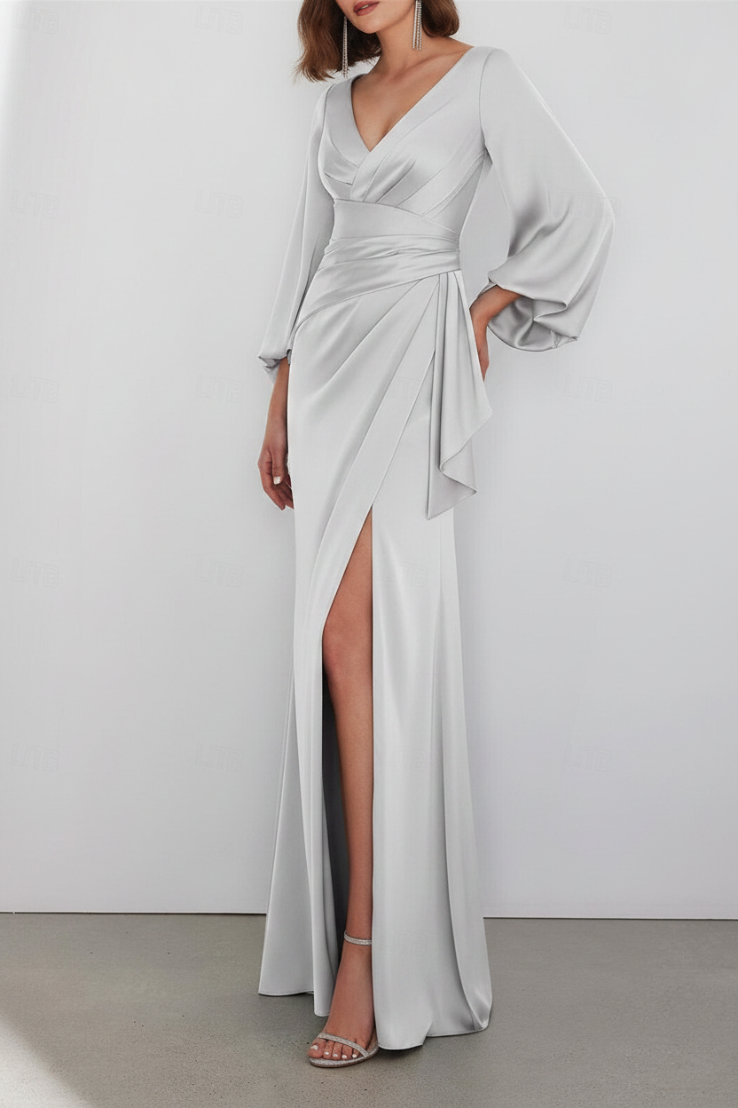 A-Line Floor Length Long Sleeve V Neck Wedding Guest Dresses Tie Charmeuse with Ruched