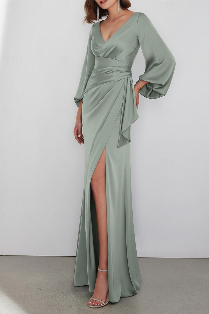 A-Line Floor Length Long Sleeve V Neck Wedding Guest Dresses Tie Charmeuse with Ruched