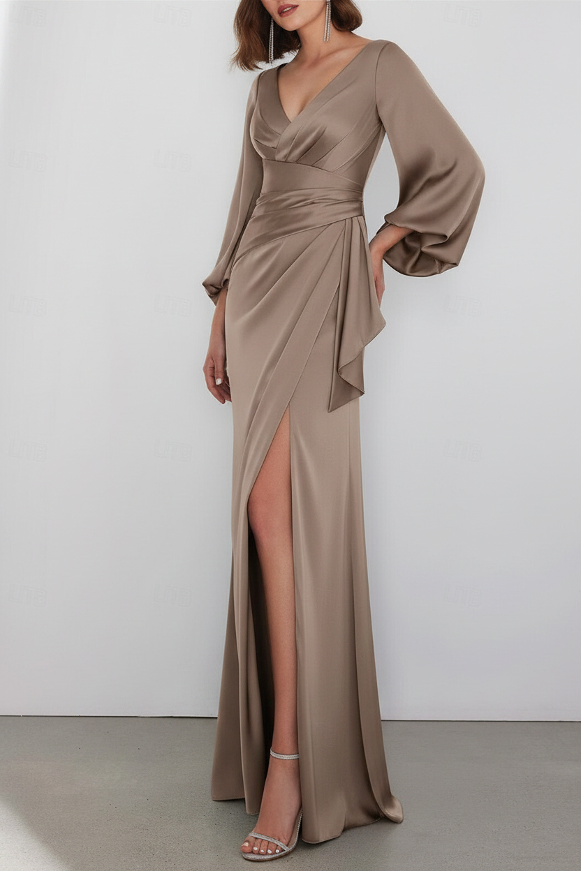 A-Line Floor Length Long Sleeve V Neck Wedding Guest Dresses Tie Charmeuse with Ruched