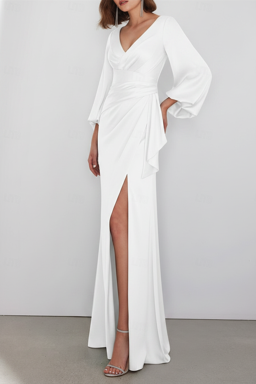 A-Line Floor Length Long Sleeve V Neck Wedding Guest Dresses Tie Charmeuse with Ruched