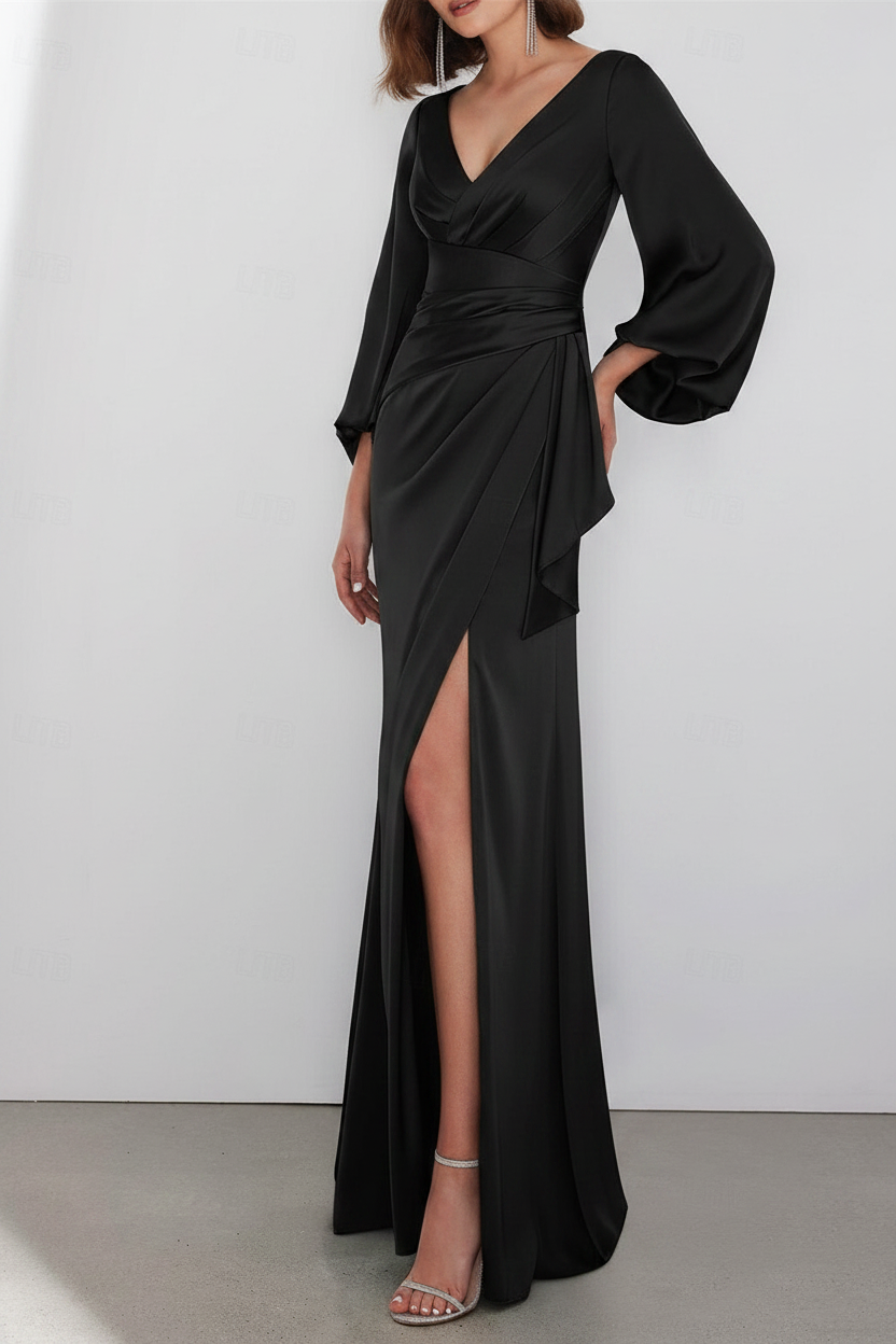 A-Line Floor Length Long Sleeve V Neck Wedding Guest Dresses Tie Charmeuse with Ruched