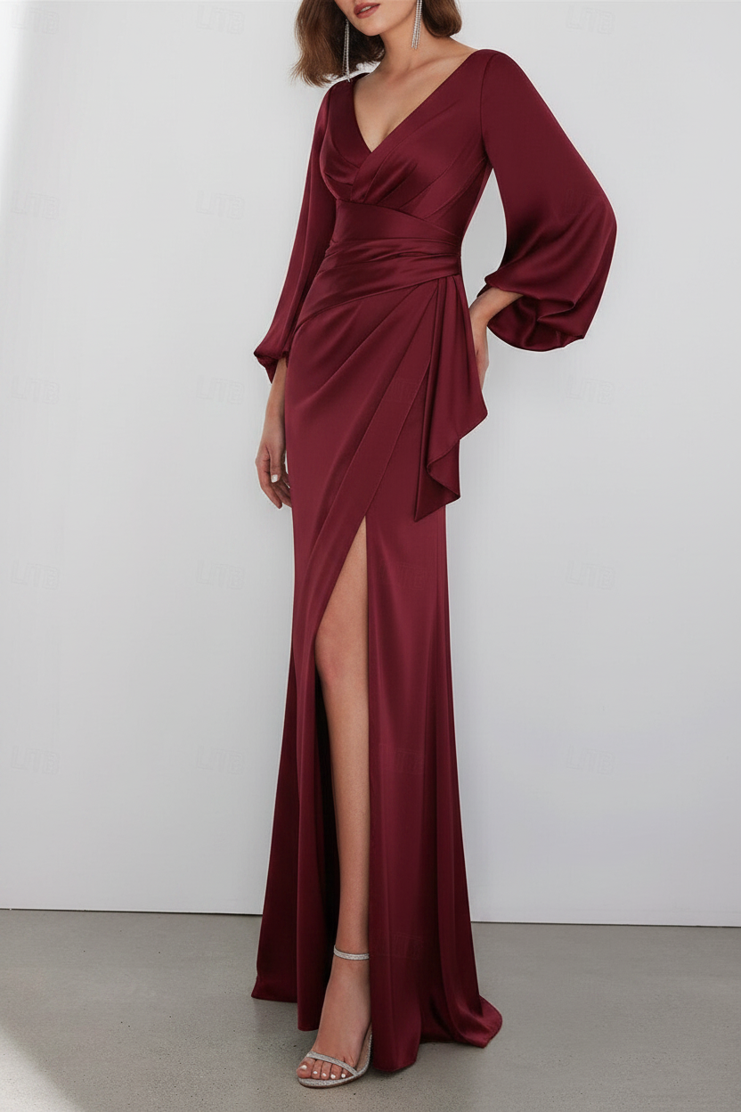 A-Line Floor Length Long Sleeve V Neck Wedding Guest Dresses Tie Charmeuse with Ruched