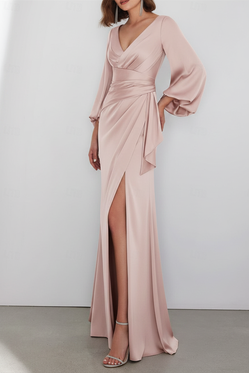 A-Line Floor Length Long Sleeve V Neck Wedding Guest Dresses Tie Charmeuse with Ruched