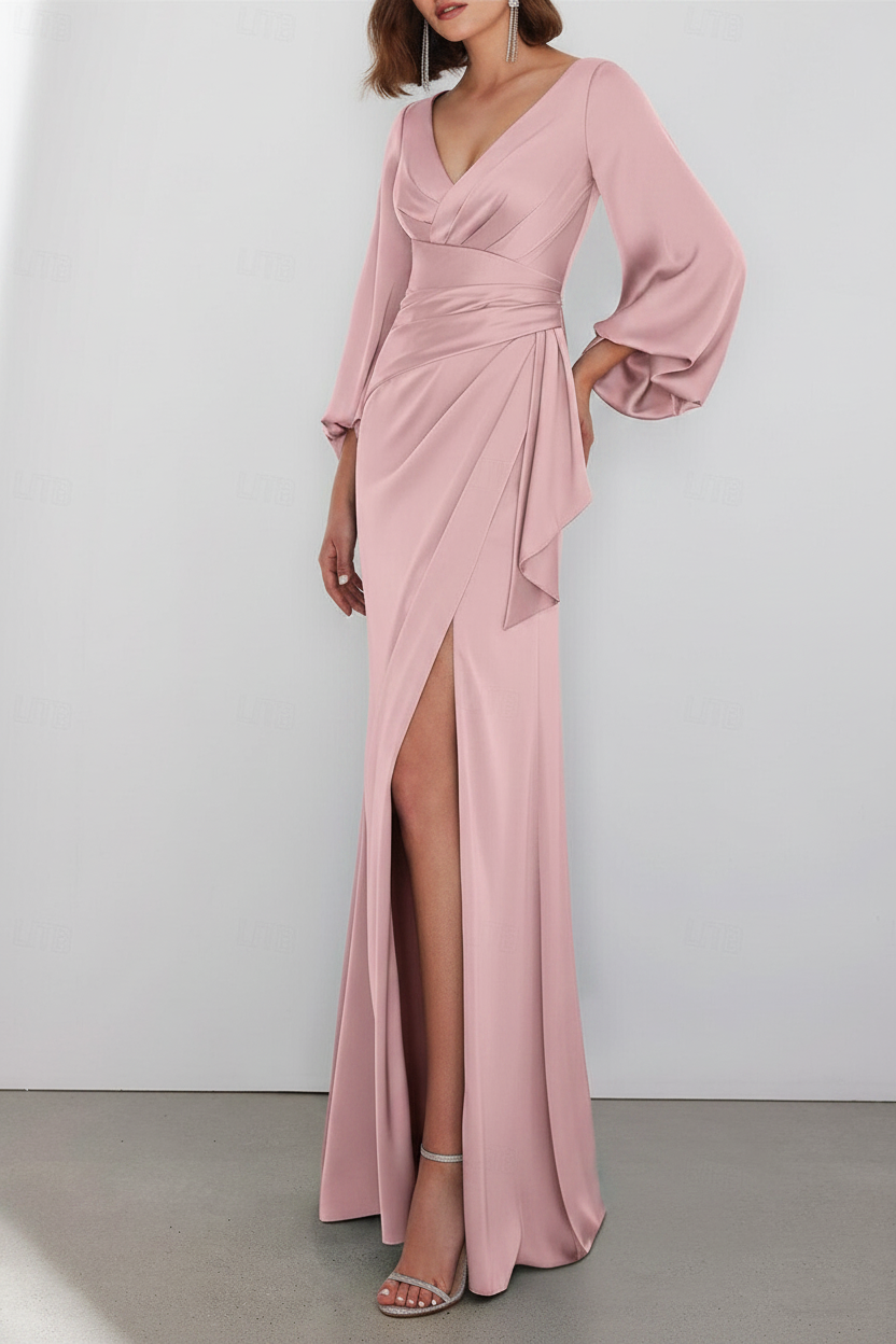 A-Line Floor Length Long Sleeve V Neck Wedding Guest Dresses Tie Charmeuse with Ruched