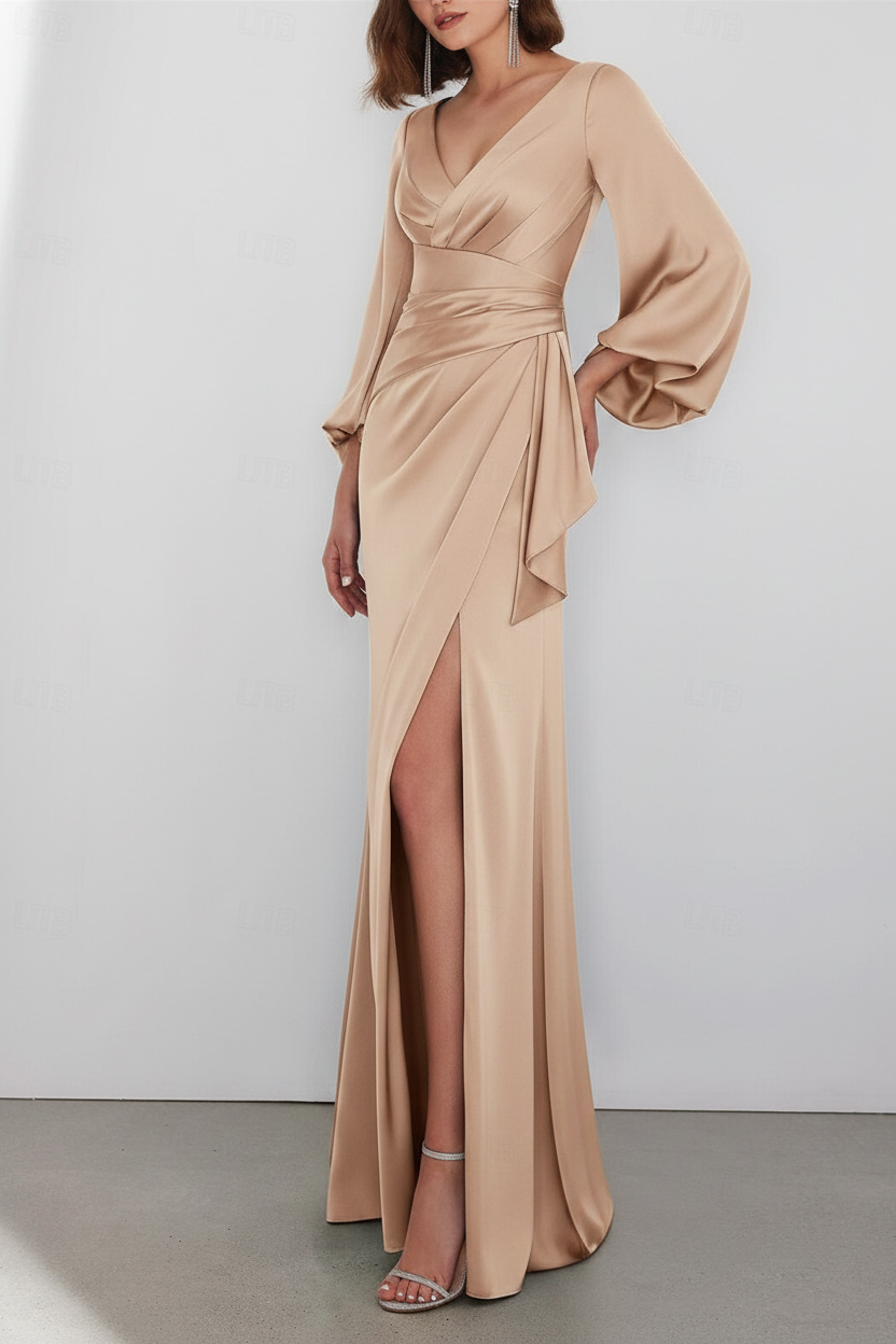 A-Line Floor Length Long Sleeve V Neck Wedding Guest Dresses Tie Charmeuse with Ruched