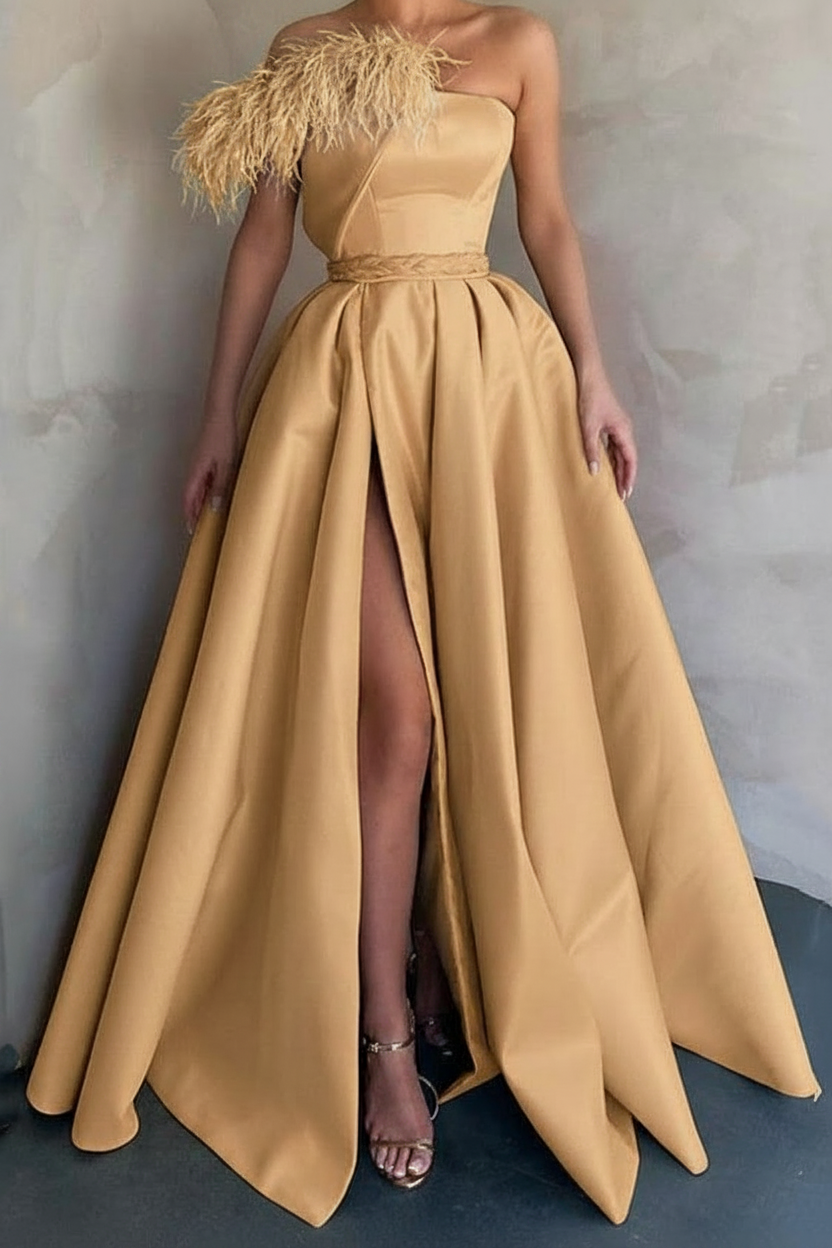 A-Line Floor Length Sleeveless One Shoulder Prom Dress Satin with Feather Slit
