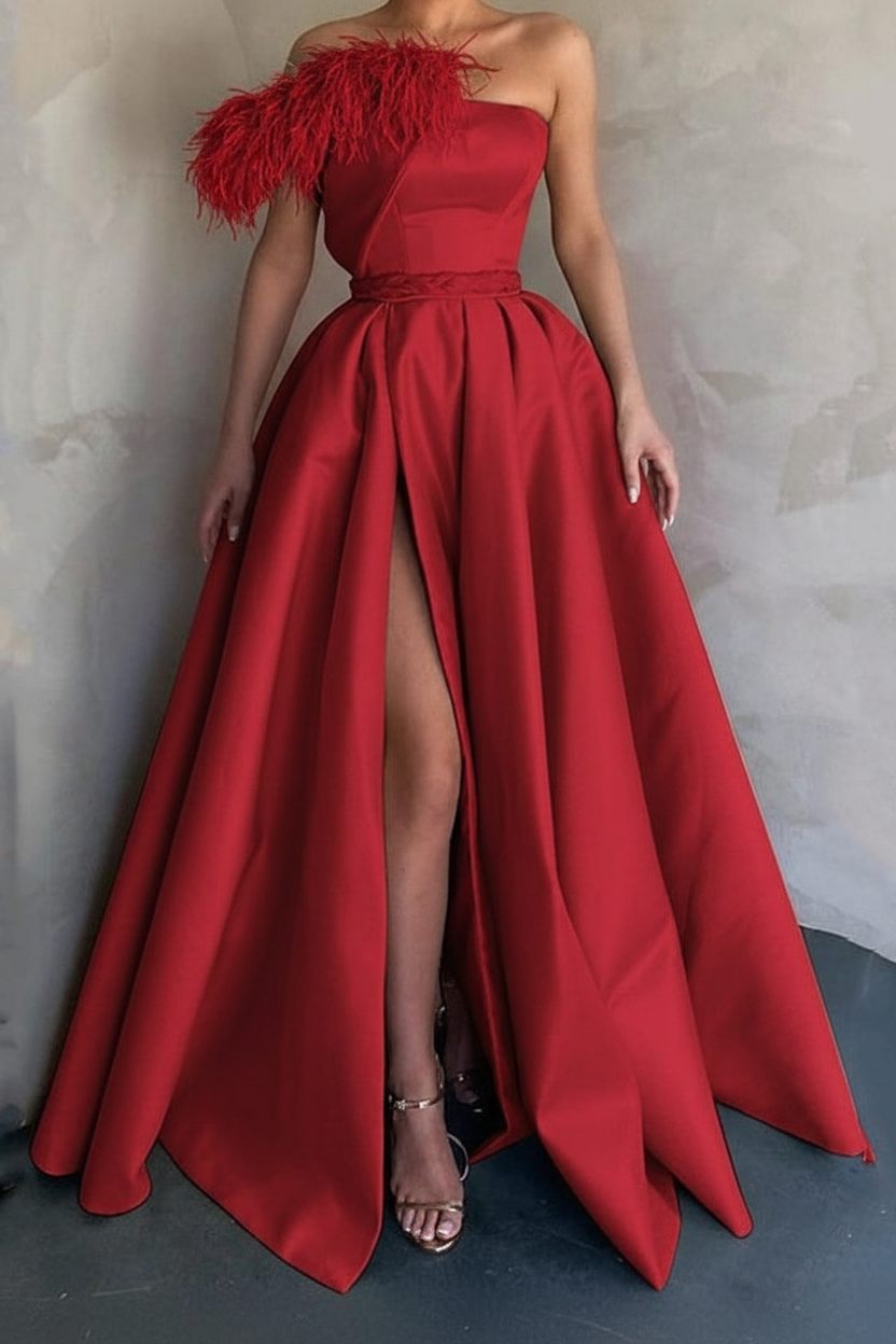 A-Line Floor Length Sleeveless One Shoulder Prom Dress Satin with Feather Slit