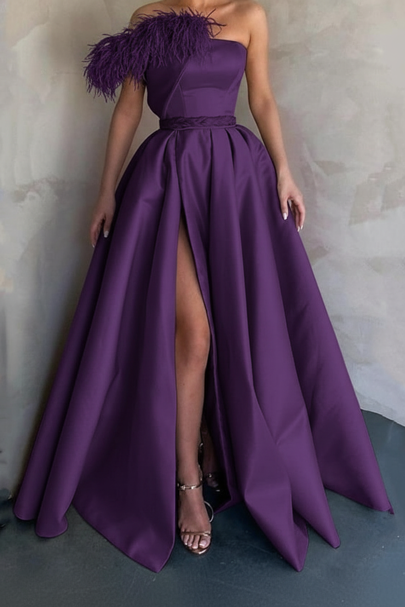 A-Line Floor Length Sleeveless One Shoulder Prom Dress Satin with Feather Slit