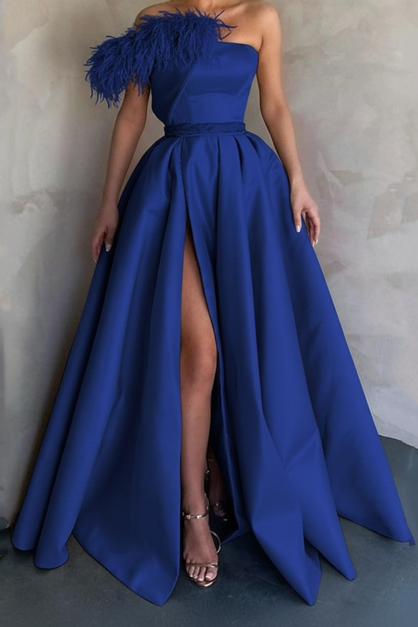A-Line Floor Length Sleeveless One Shoulder Prom Dress Satin with Feather Slit