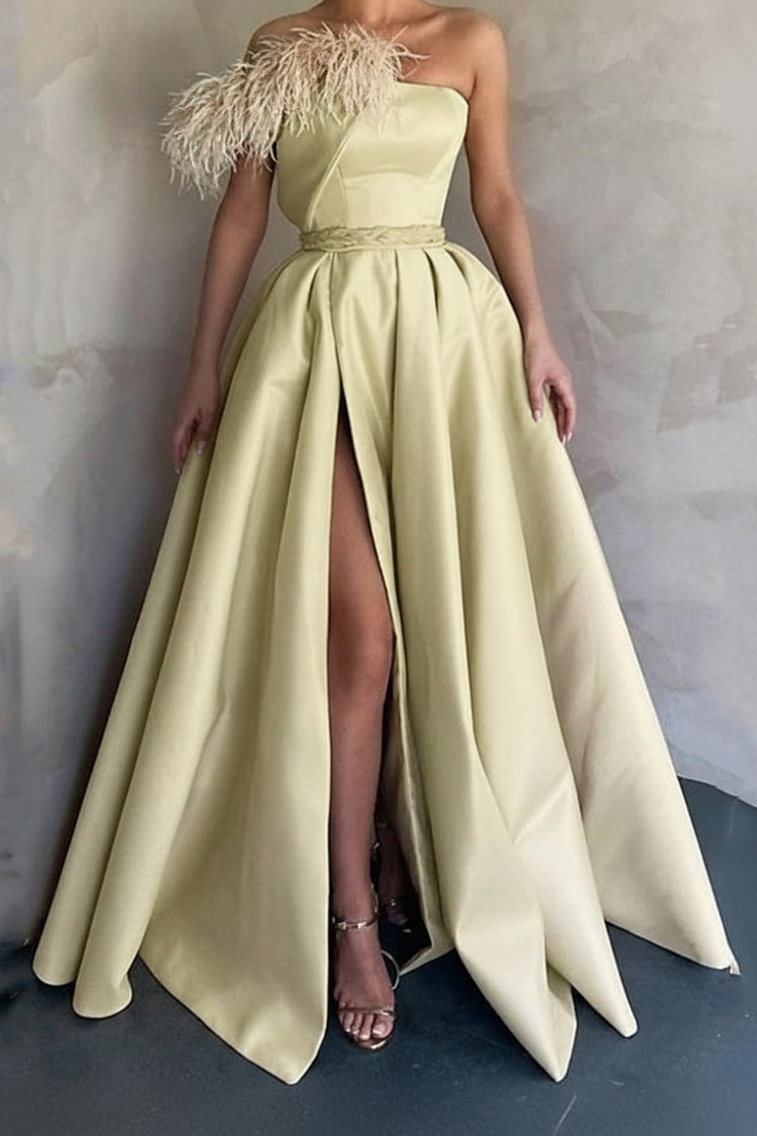 A-Line Floor Length Sleeveless One Shoulder Prom Dress Satin with Feather Slit