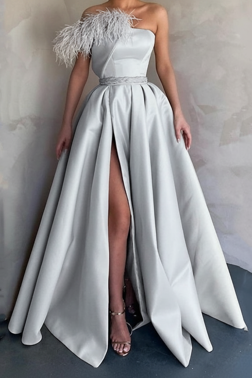 A-Line Floor Length Sleeveless One Shoulder Prom Dress Satin with Feather Slit
