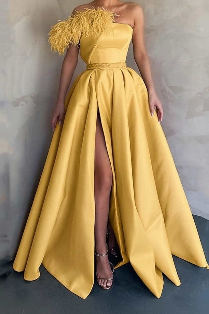 A-Line Floor Length Sleeveless One Shoulder Prom Dress Satin with Feather Slit