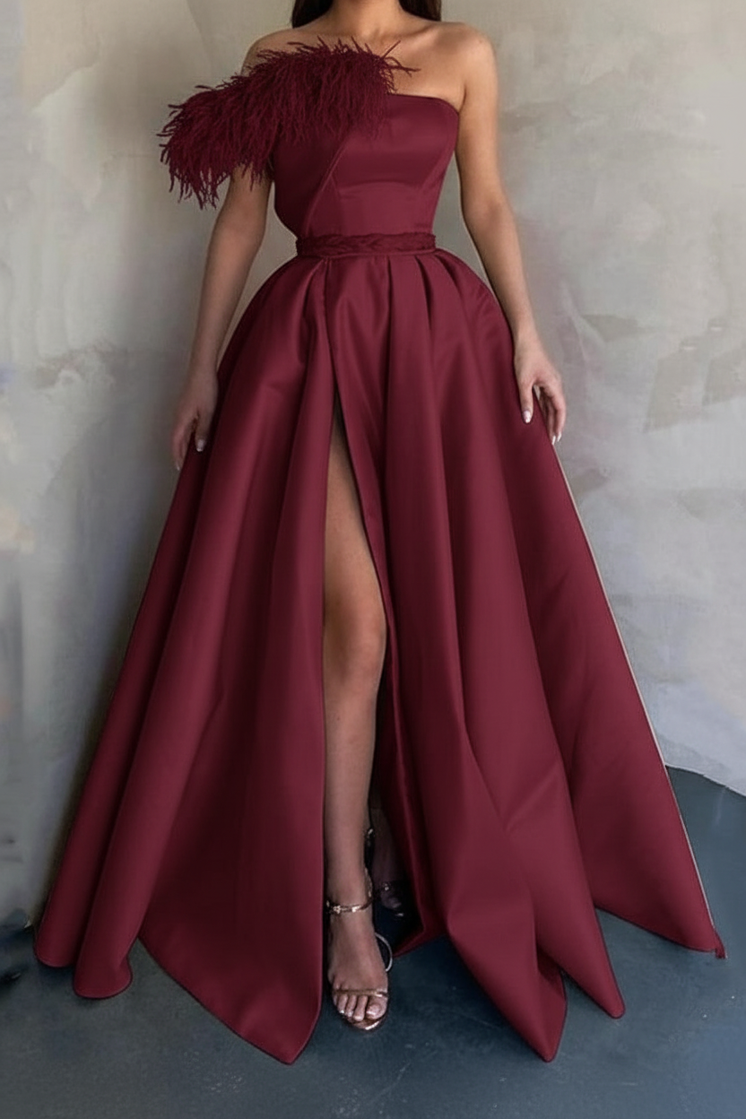 A-Line Floor Length Sleeveless One Shoulder Prom Dress Satin with Feather Slit