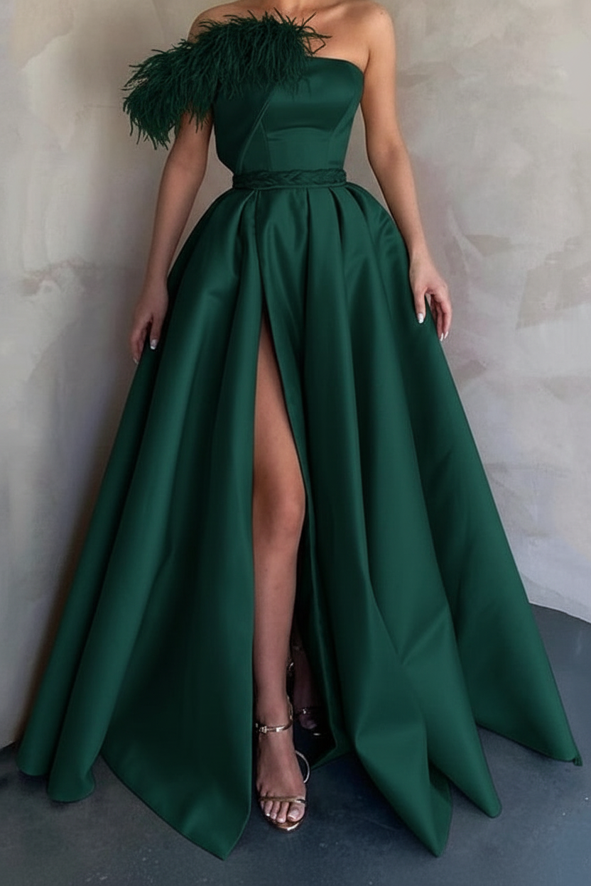A-Line Floor Length Sleeveless One Shoulder Prom Dress Satin with Feather Slit