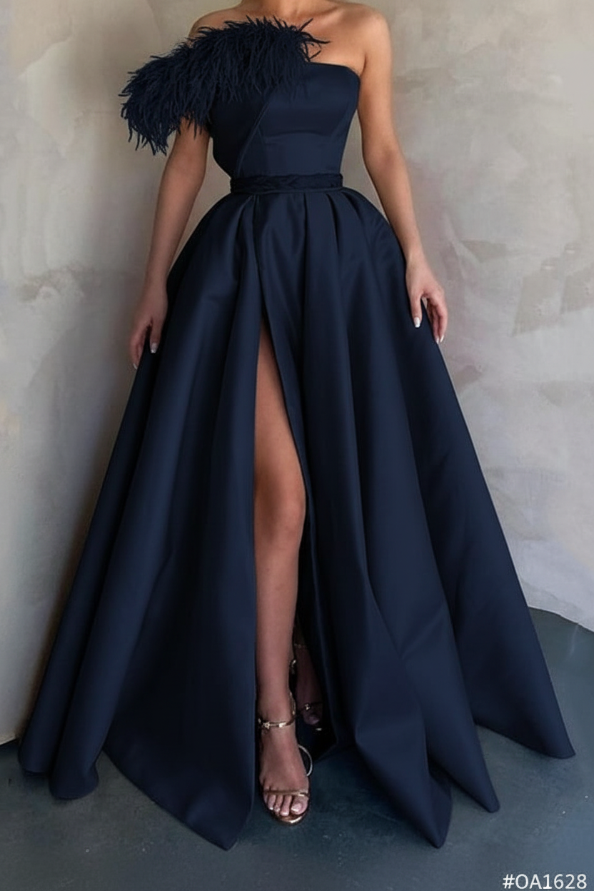 A-Line Floor Length Sleeveless One Shoulder Prom Dress Satin with Feather Slit