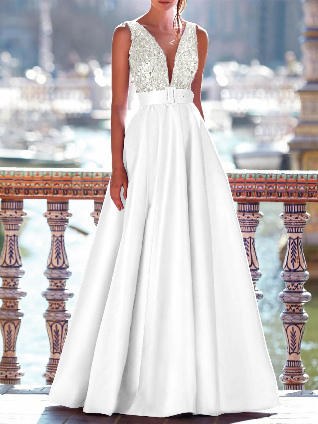 A-Line Floor Length Sleeveless V Neck Prom Dress Pocket Satin with Pearls