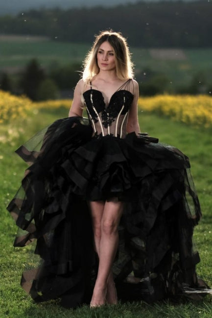 A-Line Hi-Lo Black Sweetheart Tulle Sleeveless Floor-Length Prom Evening Dresses with Lace