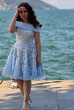 A-Line Light Blue Off The Shoulder Tulle Short Sleeve Prom Dresses with Appliques