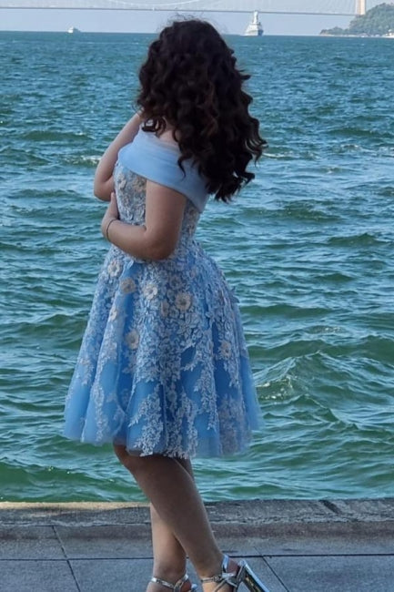 A-Line Light Blue Off The Shoulder Tulle Short Sleeve Prom Evening Dresses with Appliques