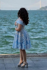 A-Line Light Blue Off The Shoulder Tulle Short Sleeve Prom Evening Dresses with Appliques