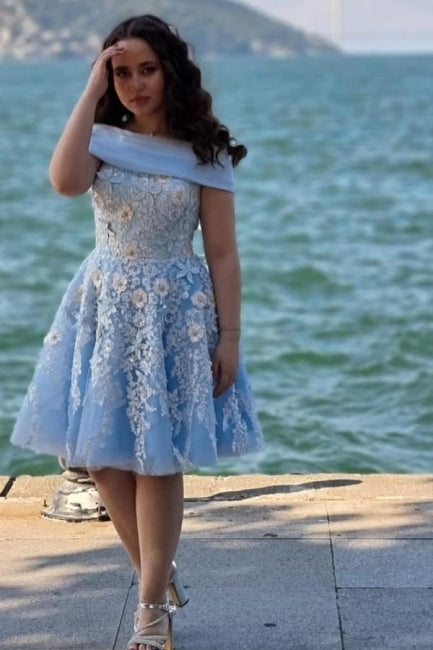 A-Line Light Blue Off The Shoulder Tulle Short Sleeve Prom Evening Dresses with Appliques