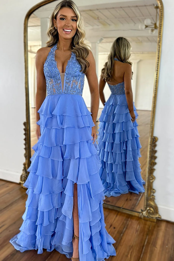 chinese dress ladies A Line Long Corset Prom Dress in Sky Blue with Halter Neck and Tiered Appliques