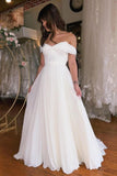 A-Line Off-The-Shoulder Floor-Length Short Sleeve Stain Prom Dresses with Ruffles