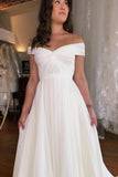 A-Line Off-The-Shoulder Floor-Length Short Sleeve Stain Prom Dresses with Ruffles