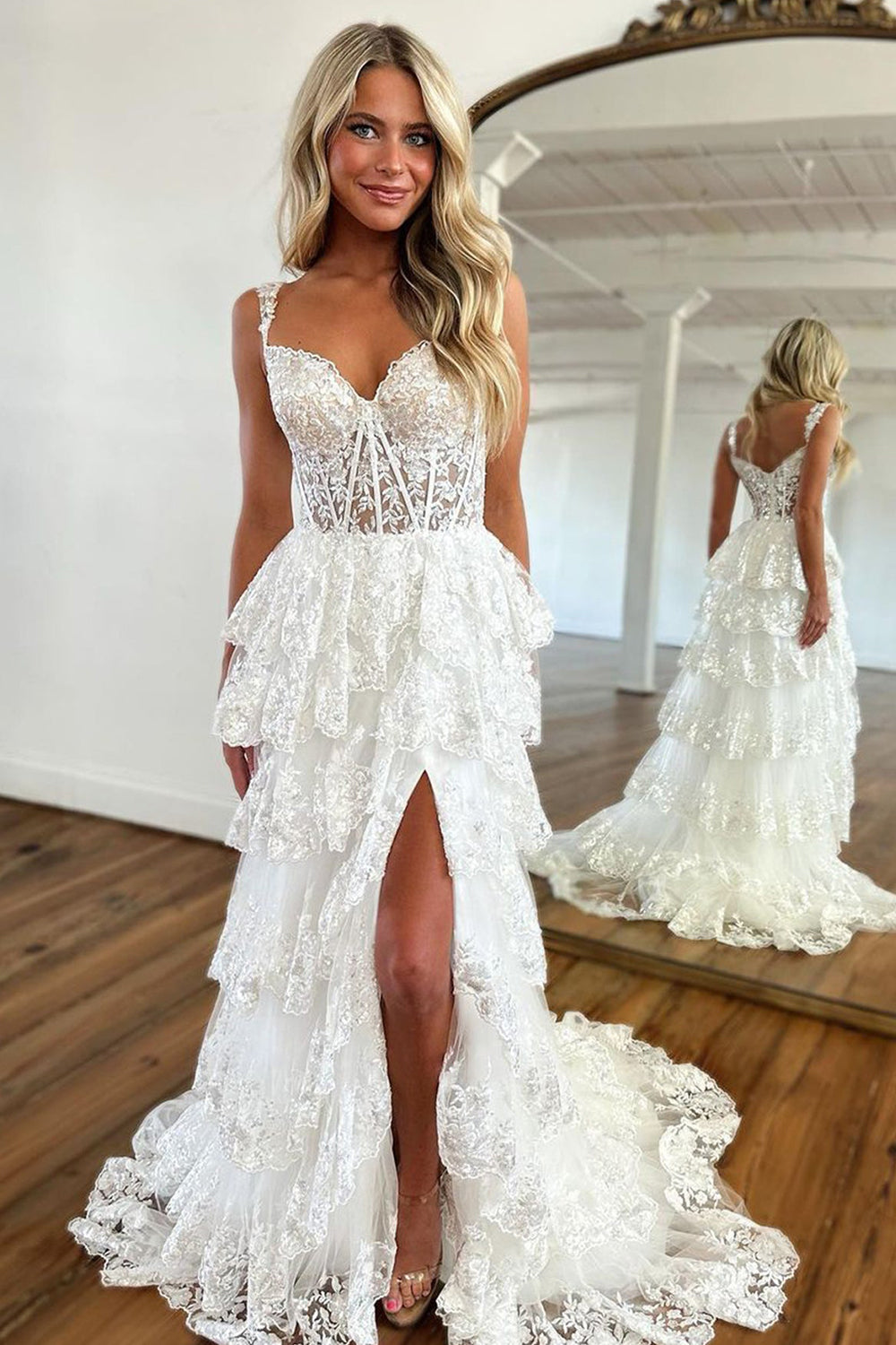 White off-the-shoulder ruffled A-line prom dress