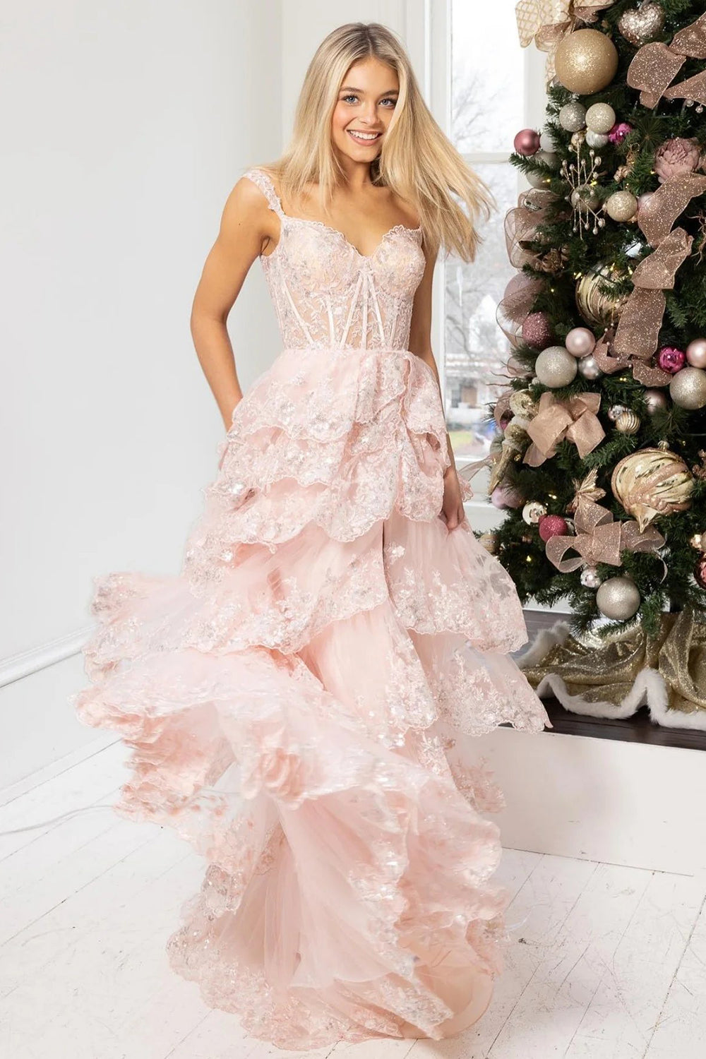 Pink off-the-shoulder ruffled A-line prom dress