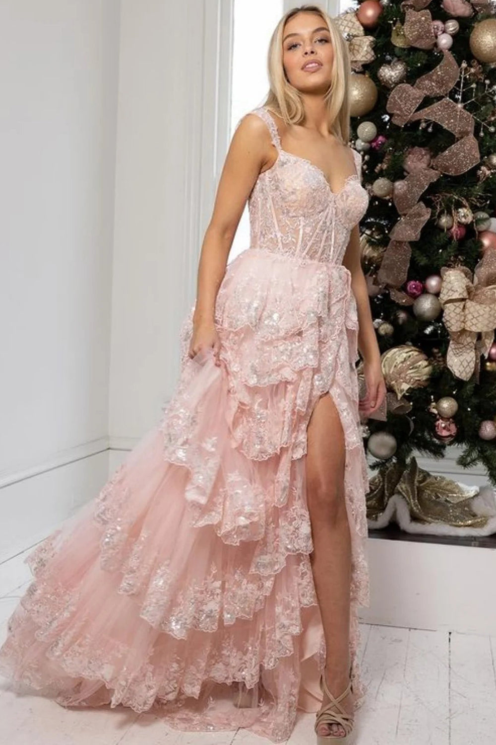 Pink off-the-shoulder ruffled A-line prom dress