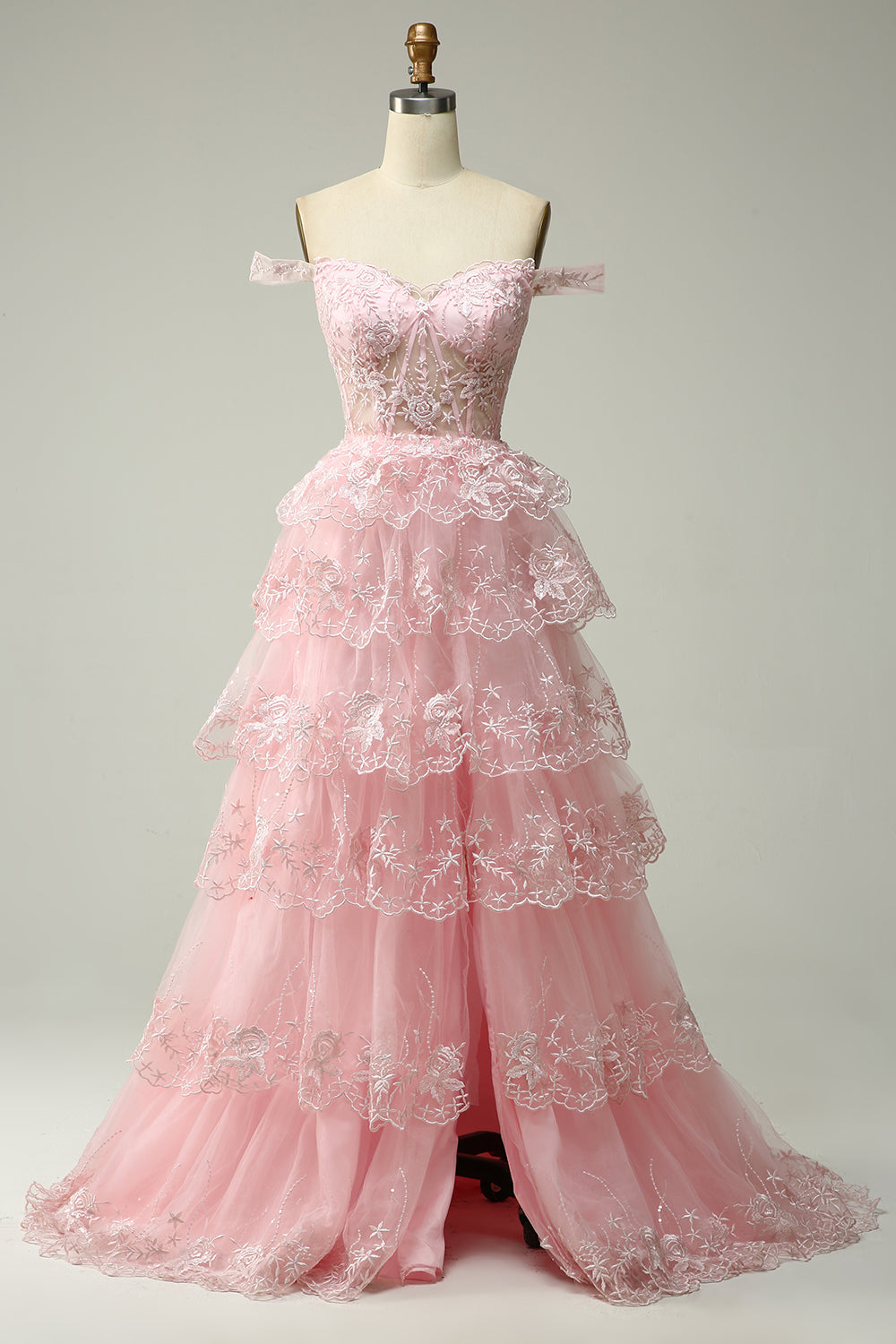Pink off-the-shoulder ruffled A-line prom dress