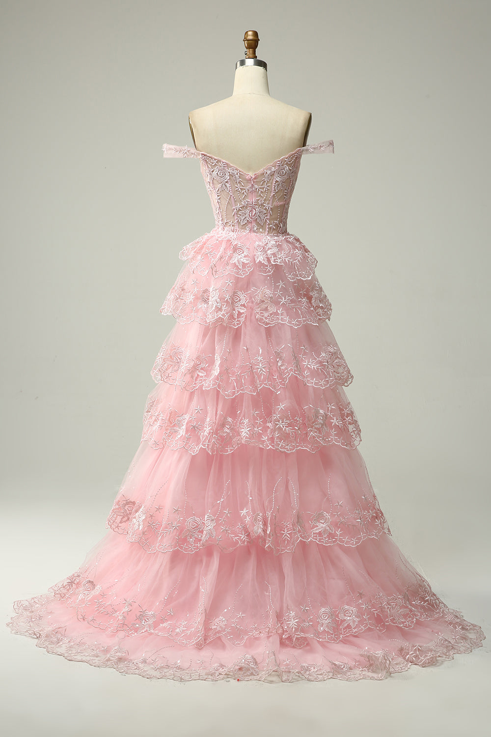 Pink off-the-shoulder ruffled A-line prom dress