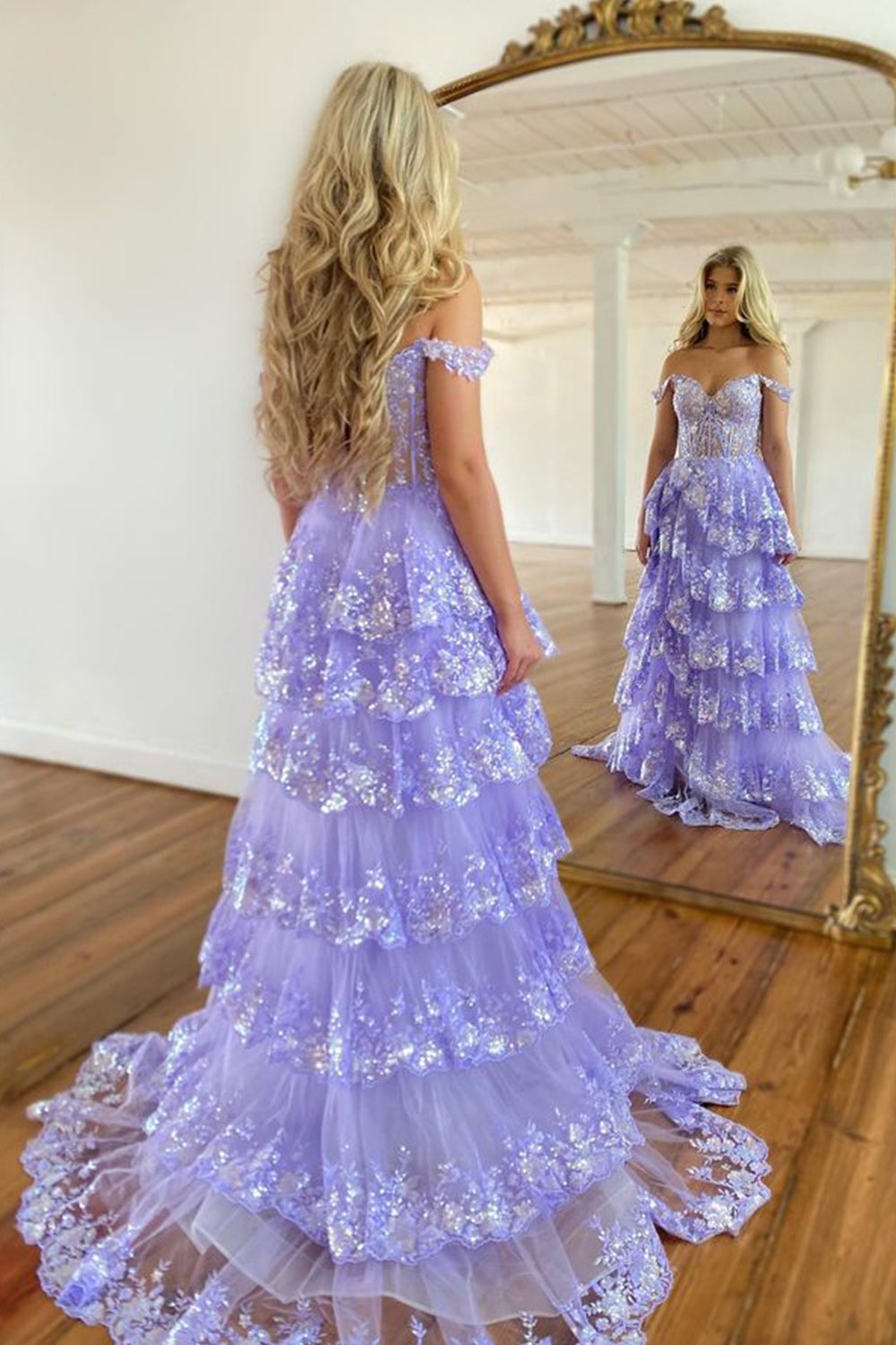 Lilac off-the-shoulder ruffled A-line prom dress