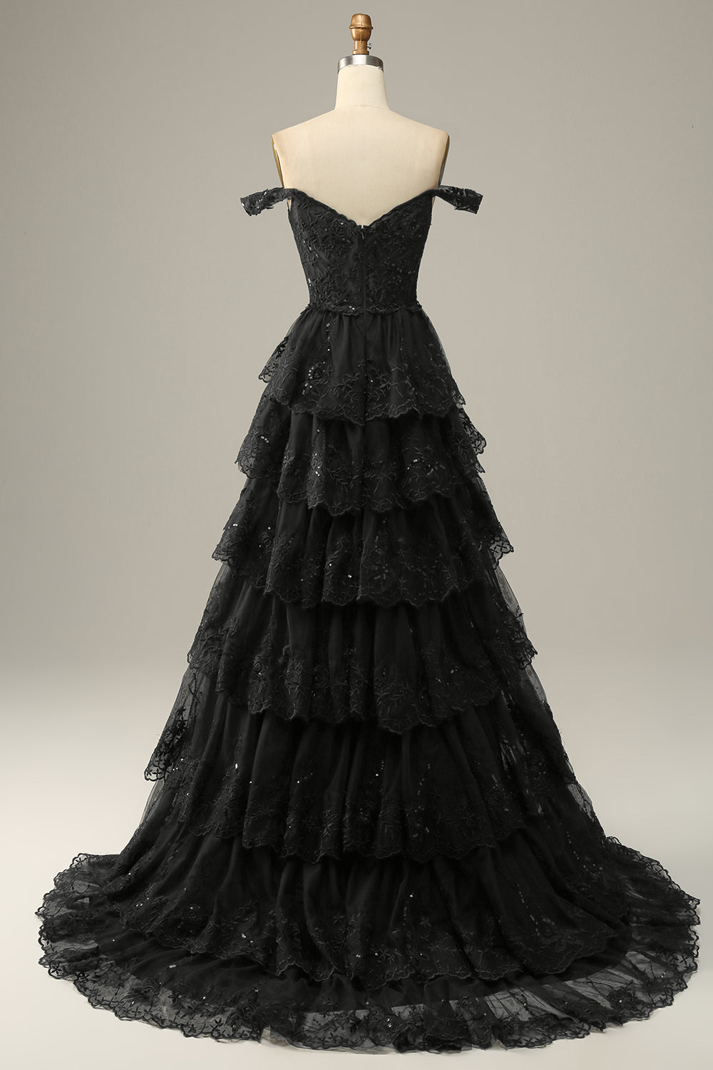 Black off-the-shoulder ruffled A-line prom dress