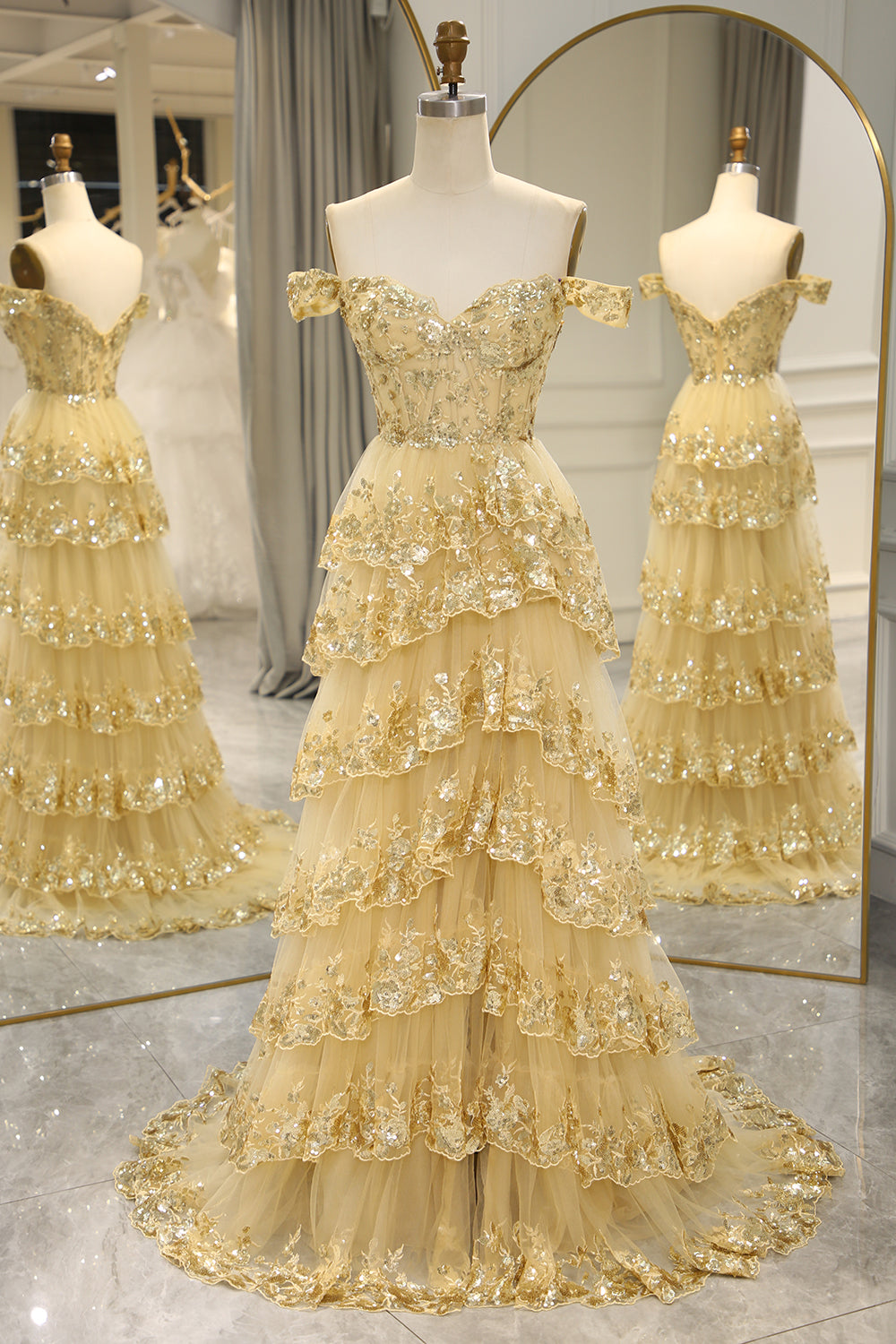 Yellow off-the-shoulder ruffled A-line prom dress