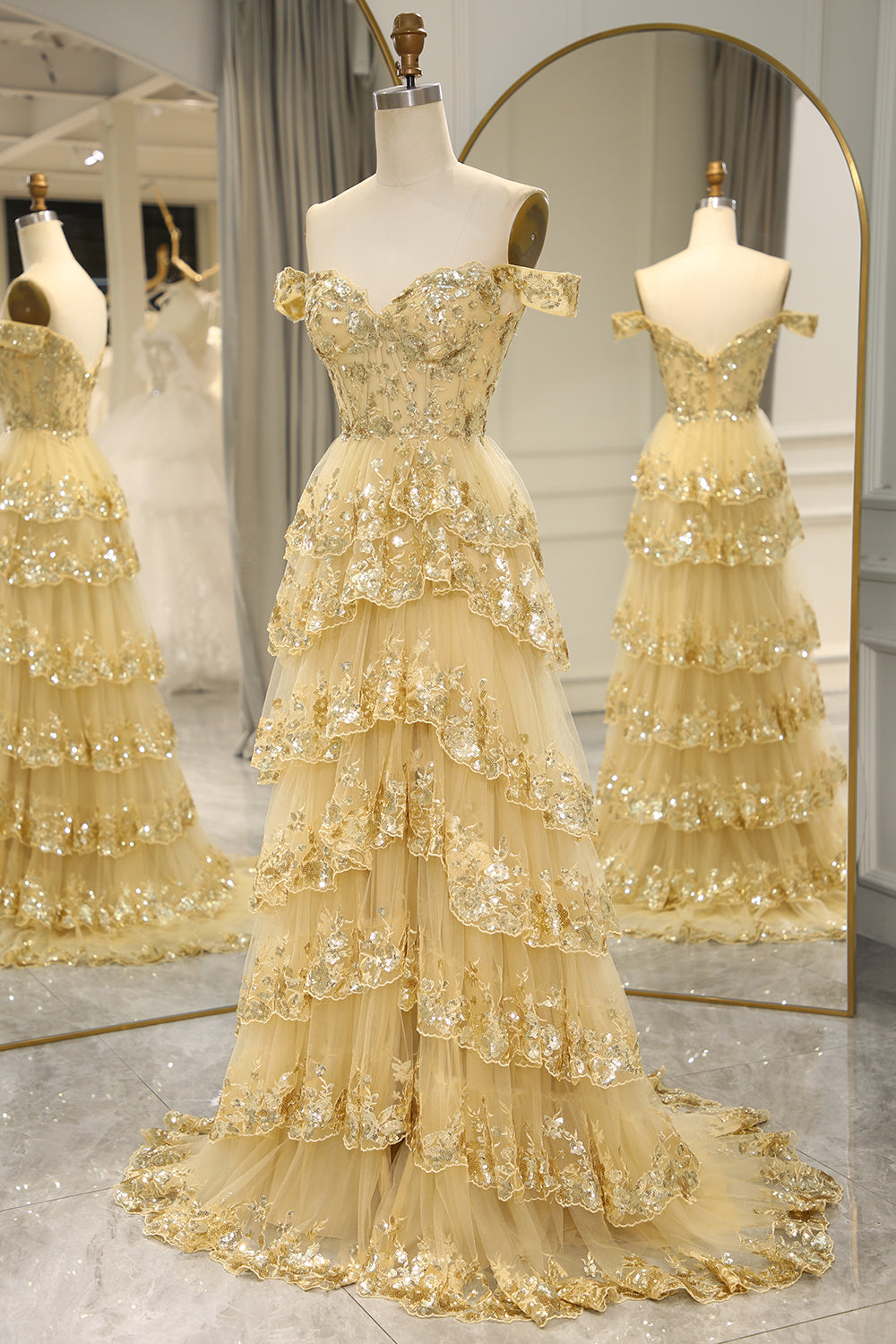 Yellow off-the-shoulder ruffled A-line prom dress