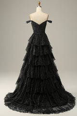 Black off-the-shoulder ruffled A-line prom dress