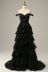 Black off-the-shoulder ruffled A-line prom dress