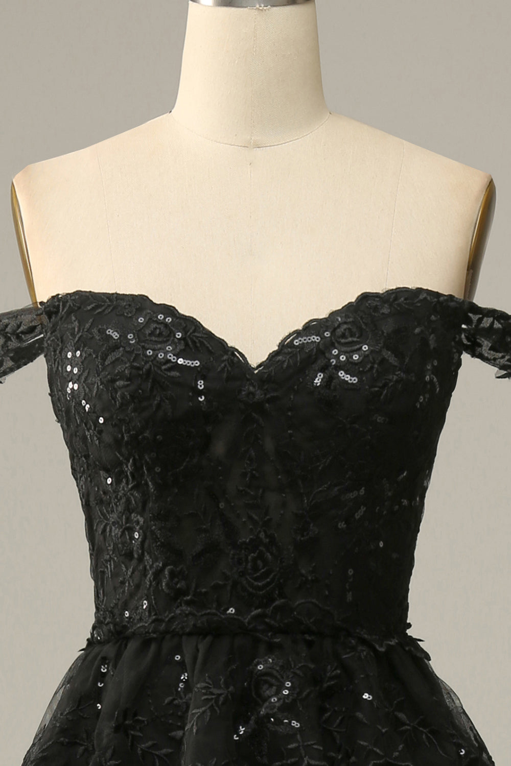 Black off-the-shoulder ruffled A-line prom dress