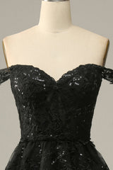 Black off-the-shoulder ruffled A-line prom dress