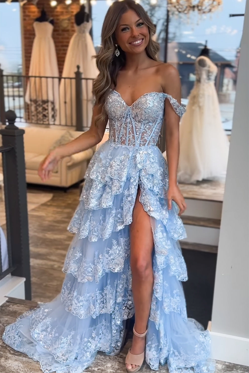 Black off-the-shoulder ruffled A-line prom dress