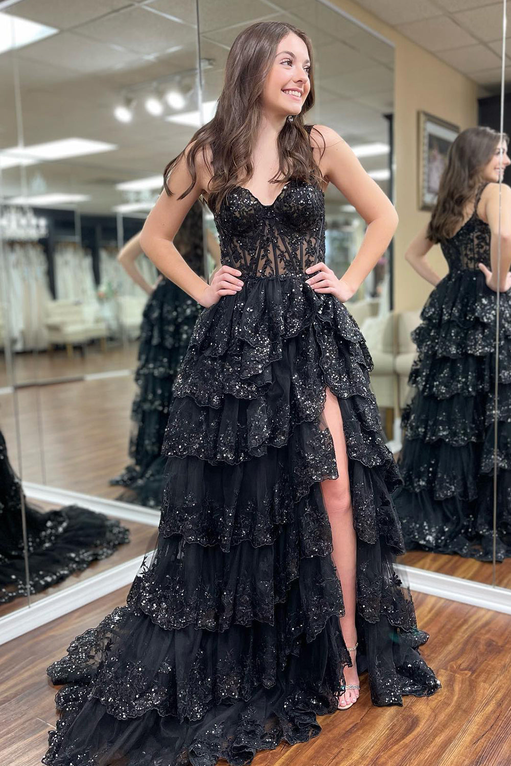 Black off-the-shoulder ruffled A-line prom dress