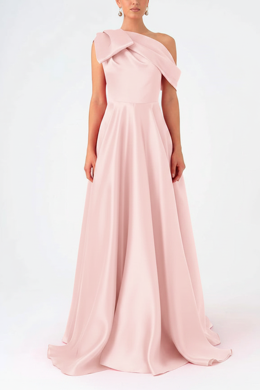 A-Line One-Shoulder Floor Evening Dresses Length Sleeveless Prom Dress Satin With Bow(s)