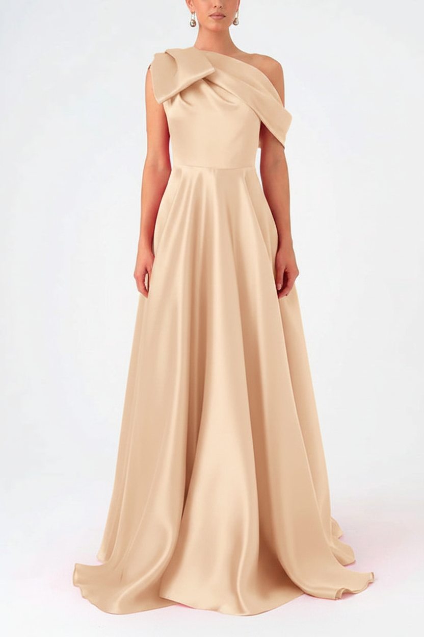 A-Line One-Shoulder Floor Evening Dresses Length Sleeveless Prom Dress Satin With Bow(s)
