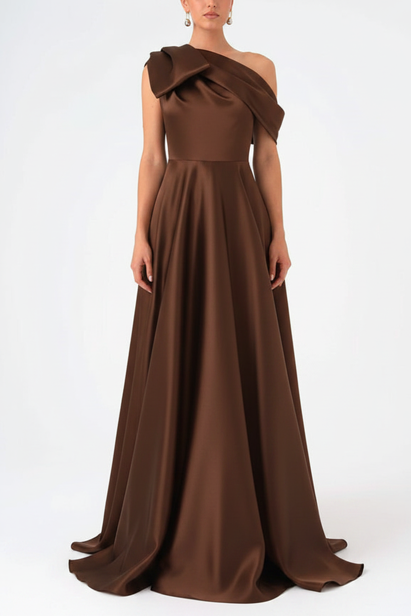 A-Line One-Shoulder Floor Evening Dresses Length Sleeveless Prom Dress Satin With Bow(s)