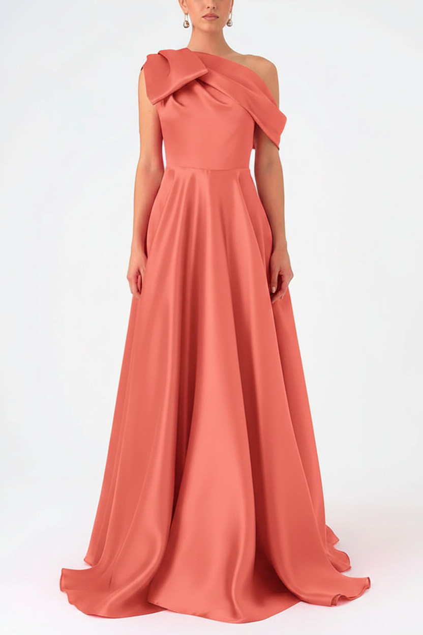 A-Line One-Shoulder Floor Evening Dresses Length Sleeveless Prom Dress Satin With Bow(s)