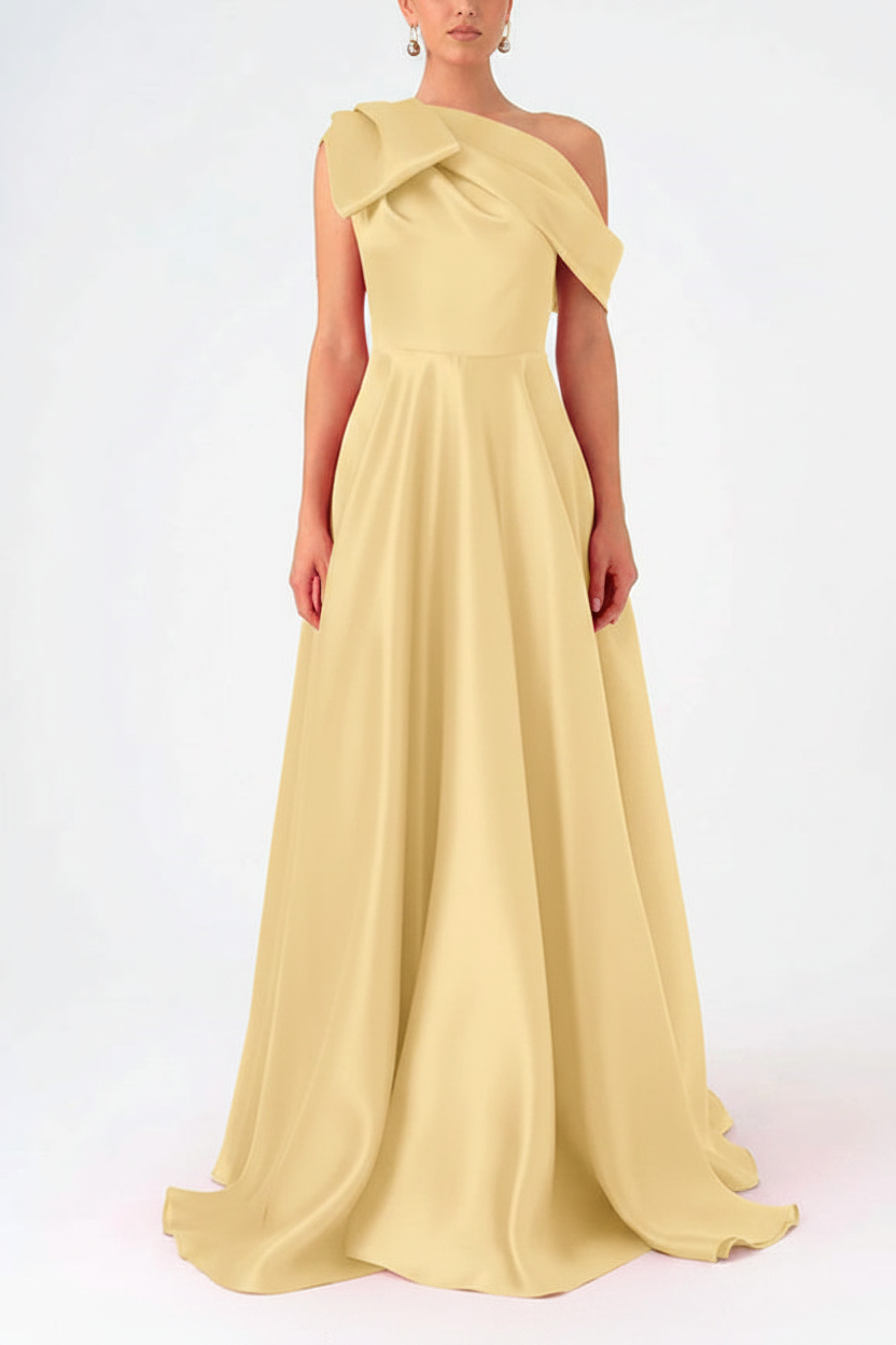 A-Line One-Shoulder Floor Evening Dresses Length Sleeveless Prom Dress Satin With Bow(s)