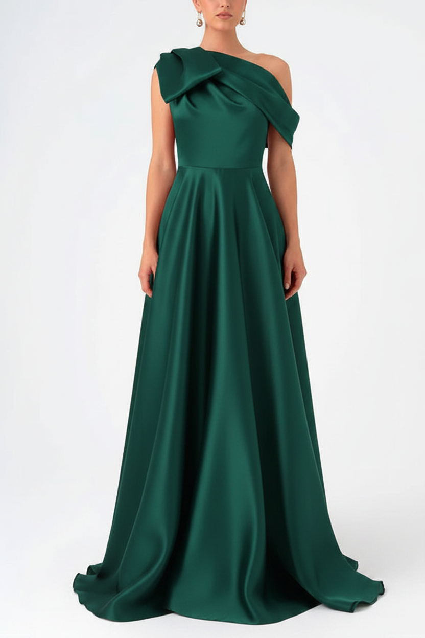 A-Line One-Shoulder Floor Evening Dresses Length Sleeveless Prom Dress Satin With Bow(s)