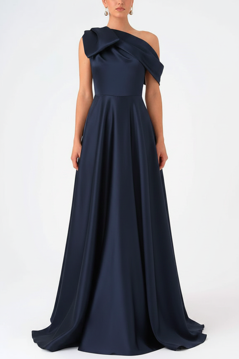 A-Line One-Shoulder Floor Evening Dresses Length Sleeveless Prom Dress Satin With Bow(s)